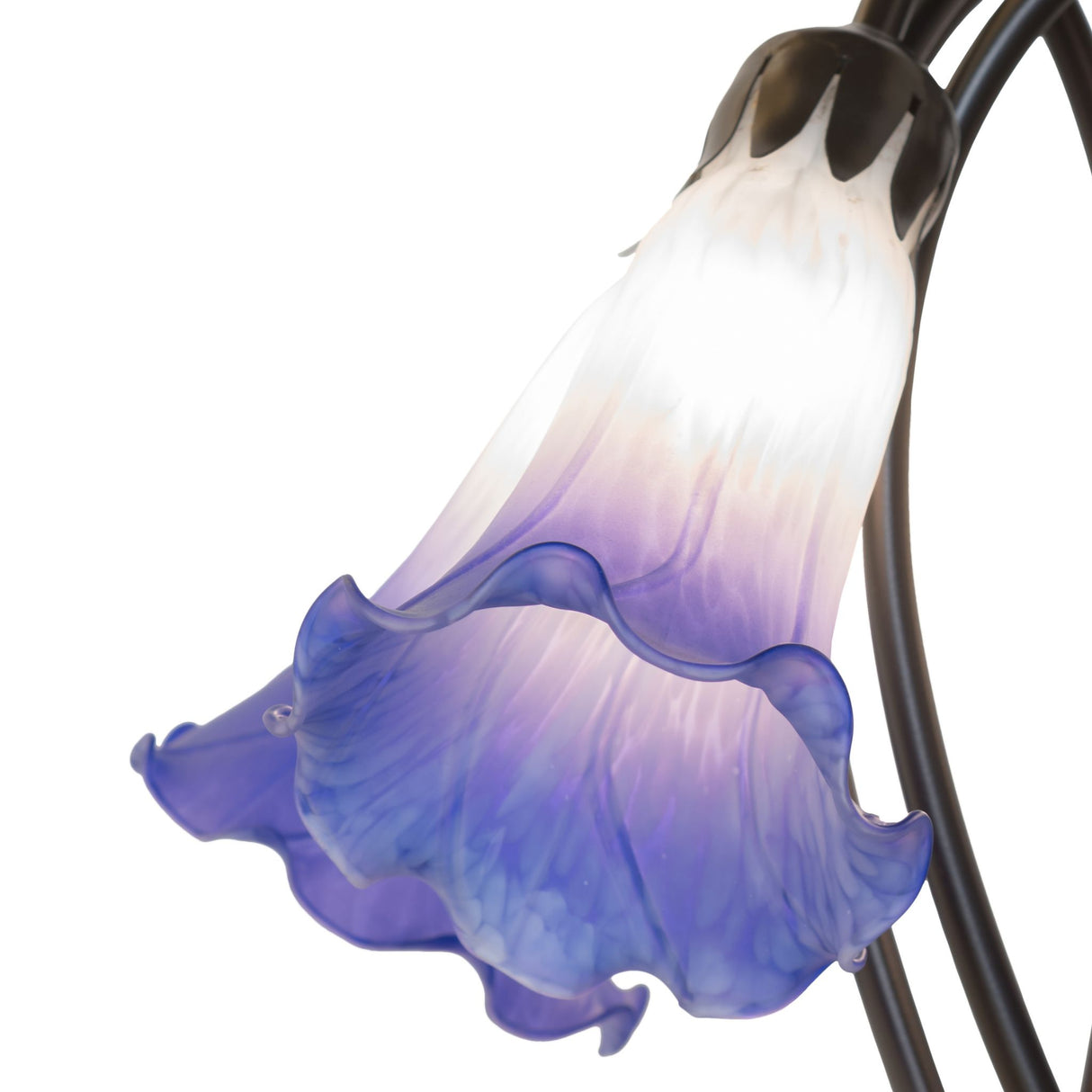 Detailed design of blue and white glass shades on tiffany lamp.