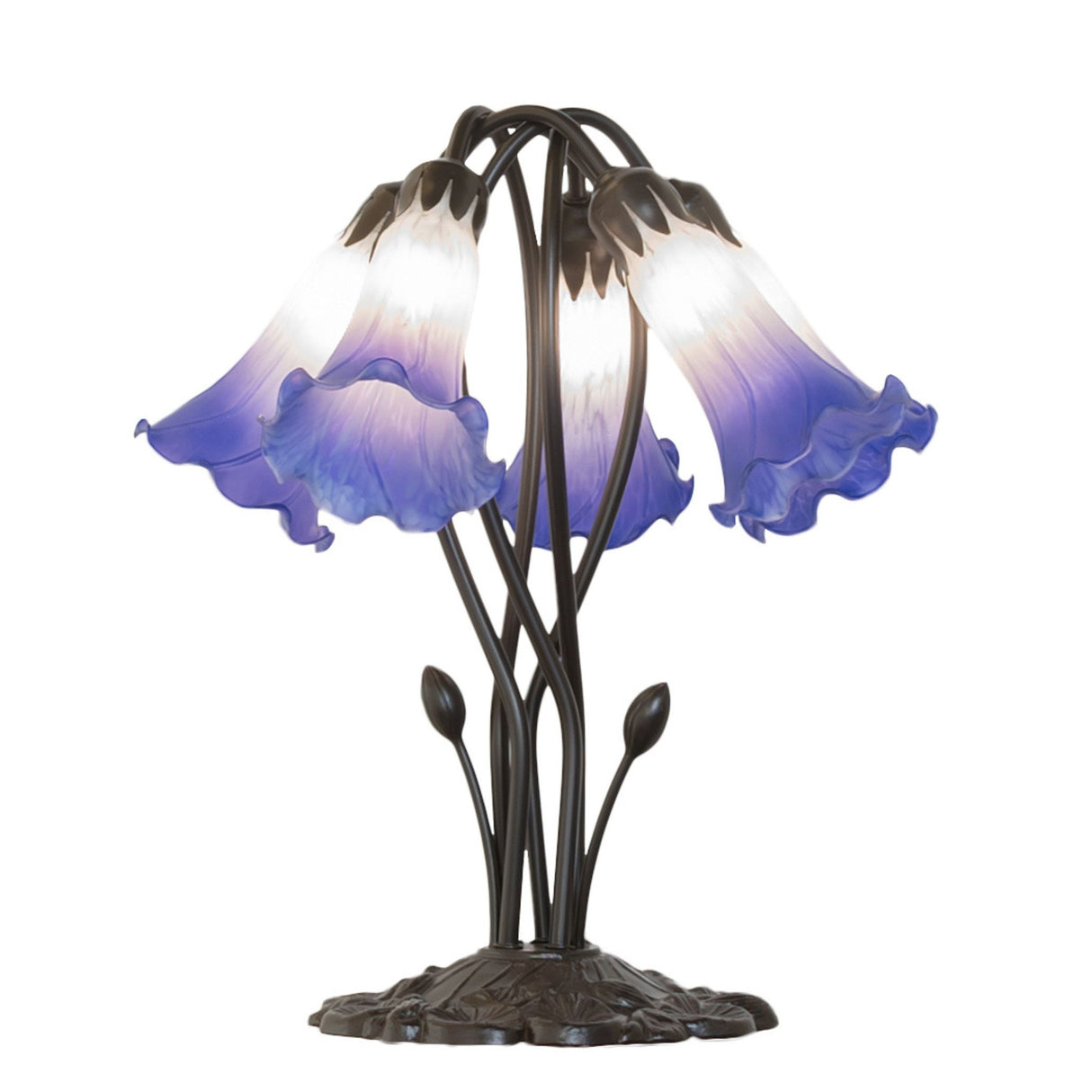 Blue and white tiffany pond lily lamp with five glowing lights.