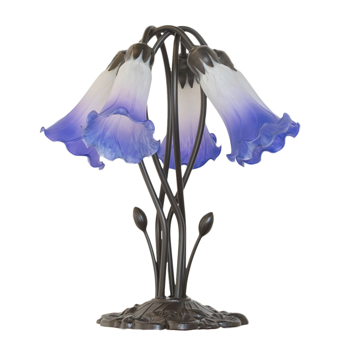Side view of blue and white pond lily lamp showcasing curved stems.