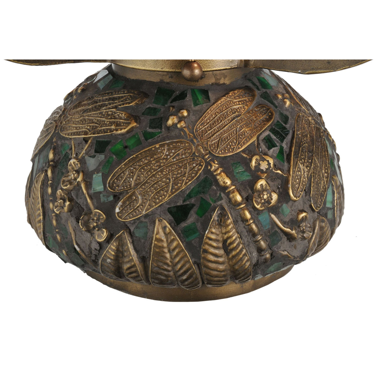 Close-up of Mosaic Dragonfly table base showing intricate green and bronze design.