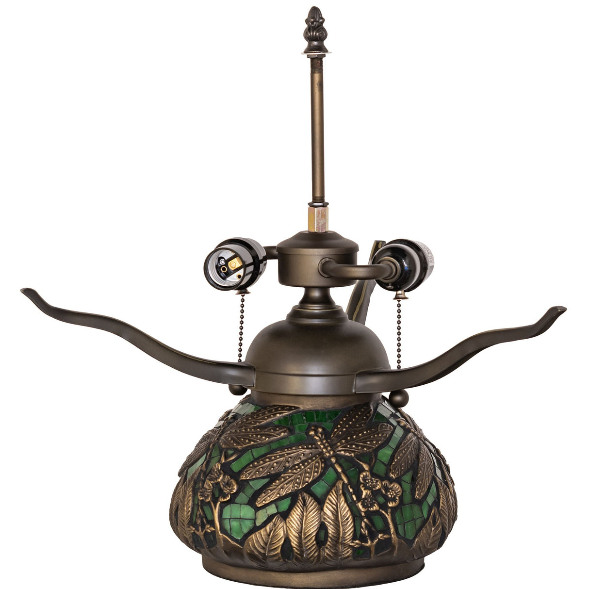 Front view of Mosaic Dragonfly table base with green and bronze accents.