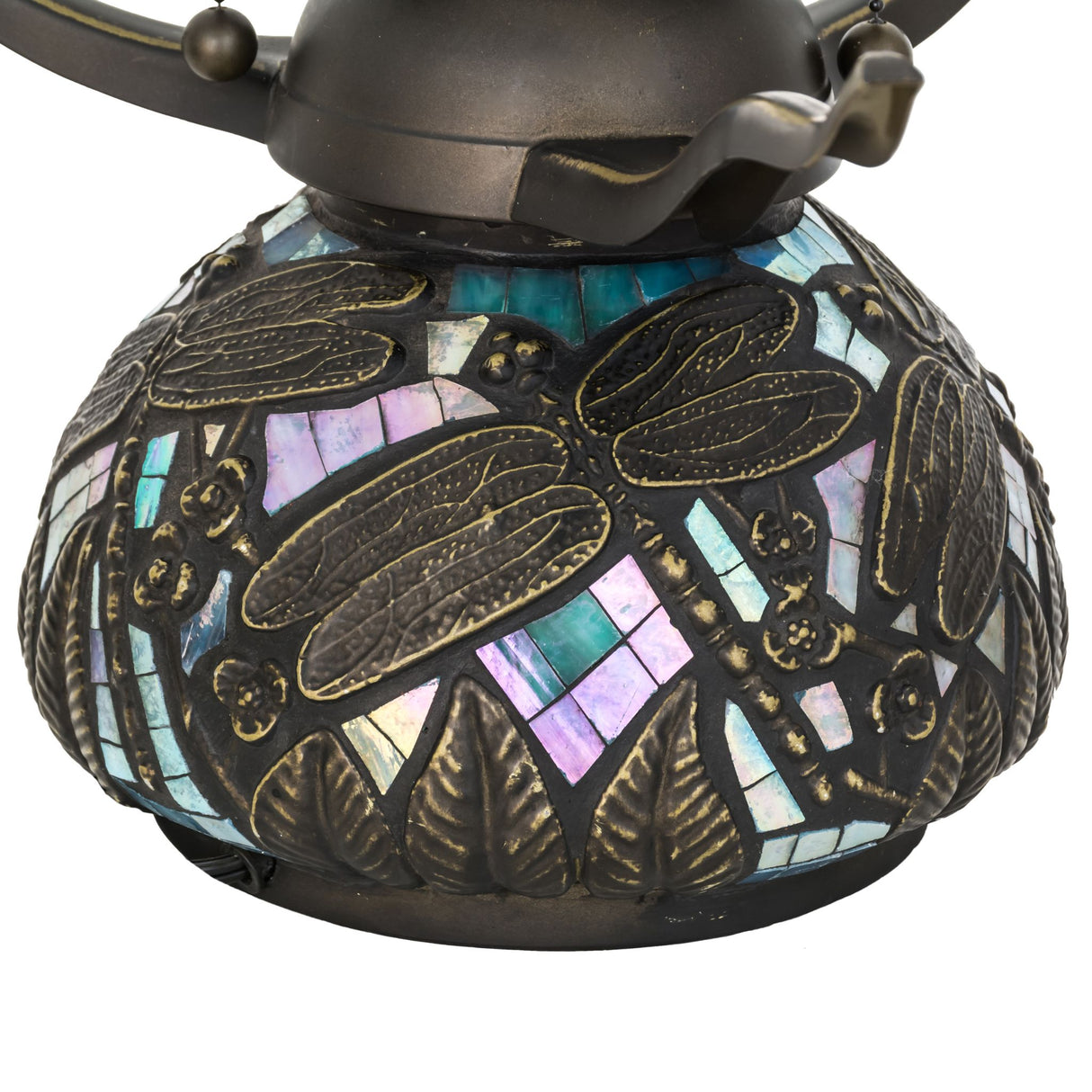 Side view of Mosaic Dragonfly table base featuring bronze and green glasswork.