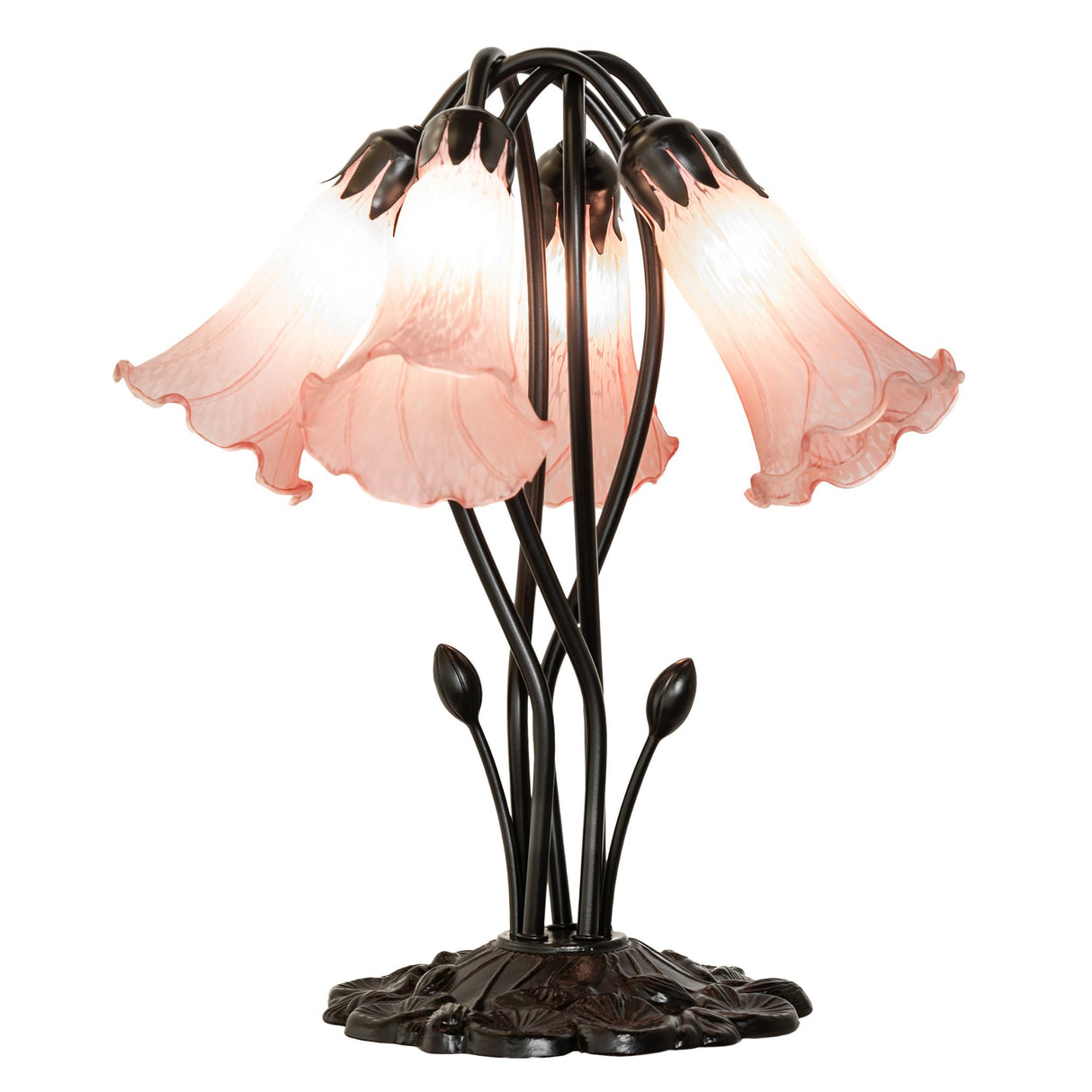 Artistic display of pink glass shades on the pond lily lamp.