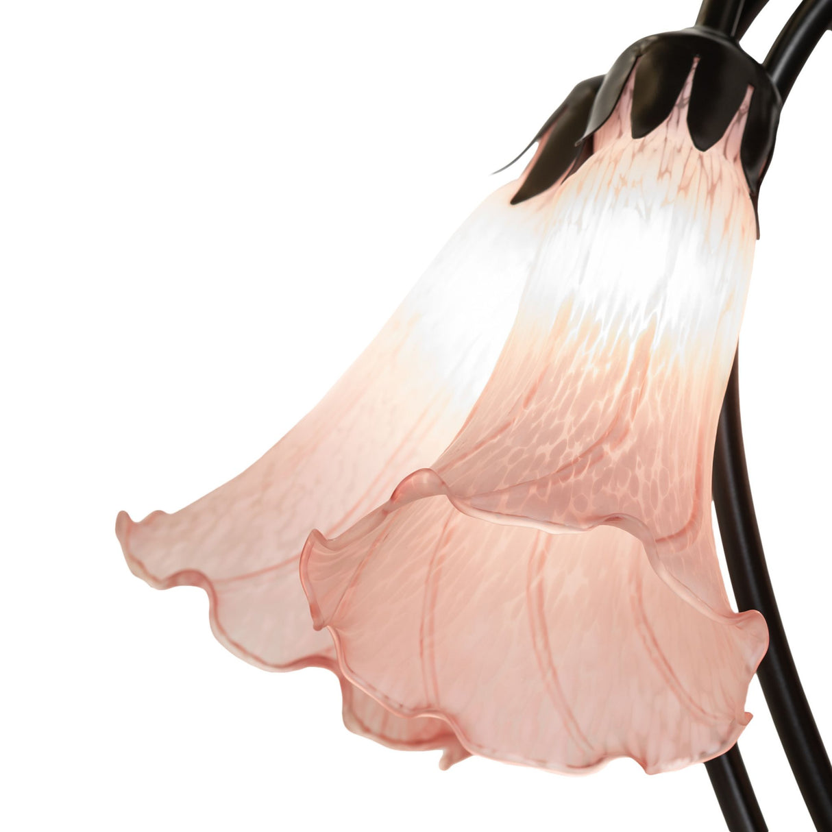 Detailed design of pink glass shades on tiffany lamp.