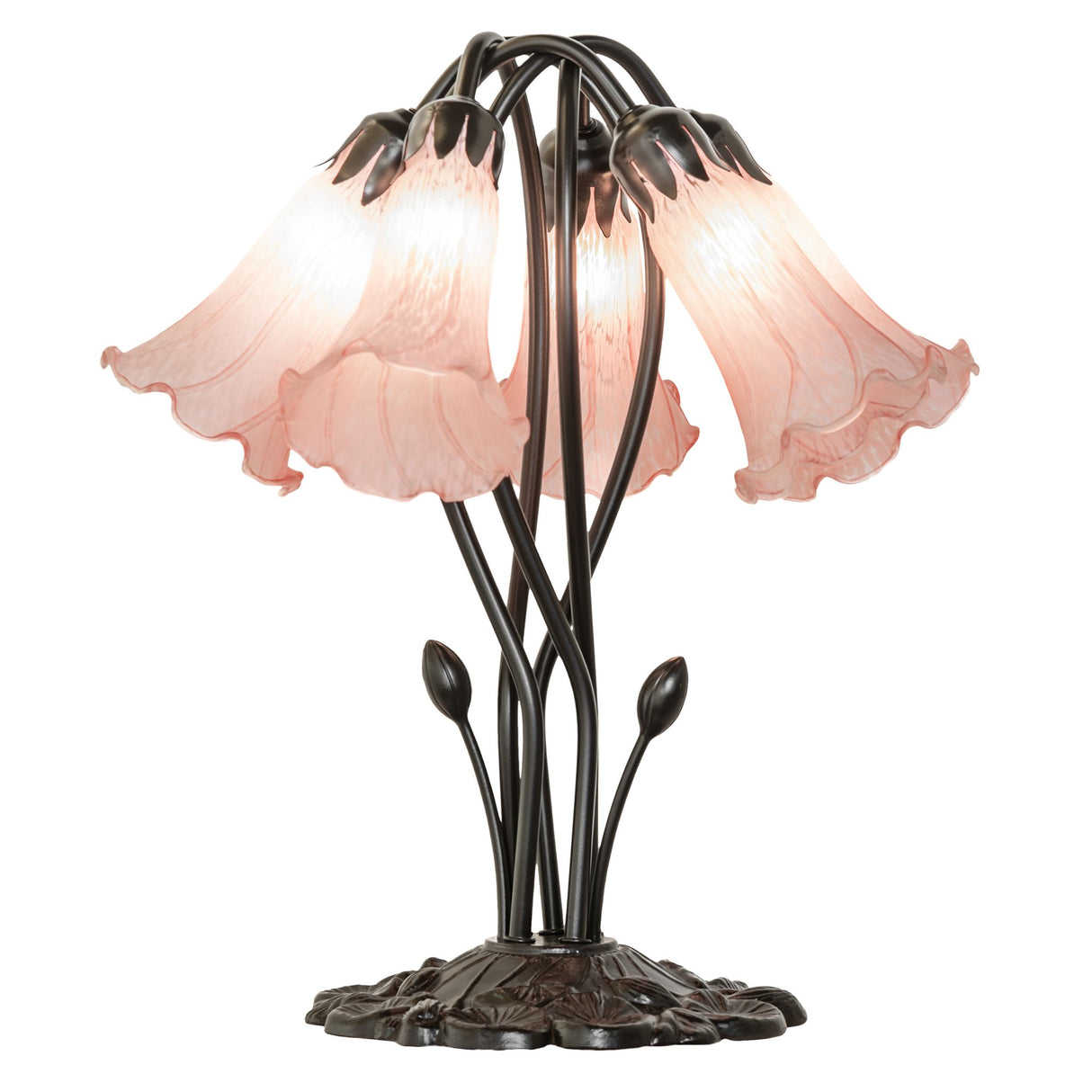 Pink tiffany pond lily lamp with five glowing lights.