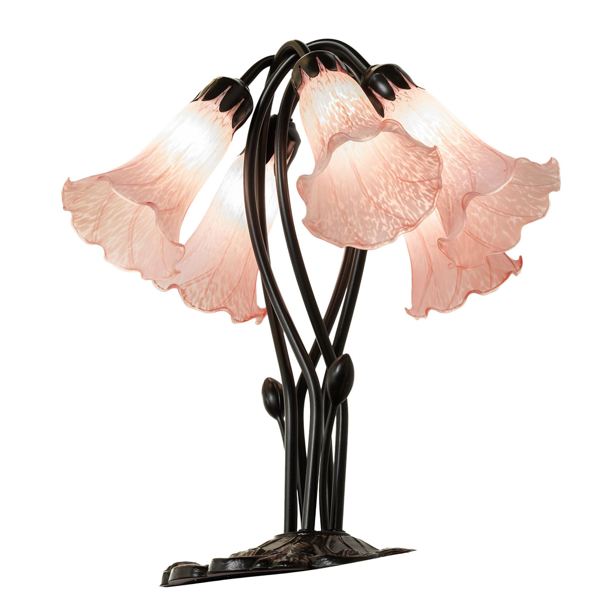 Overhead view of pink pond lily table lamp with intricate base.