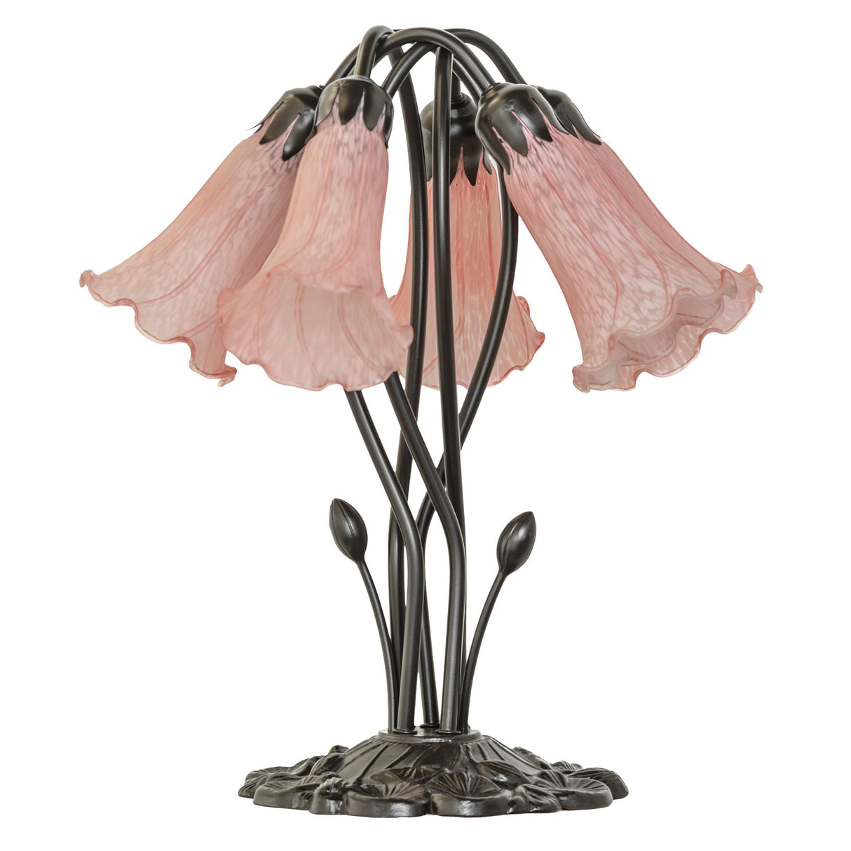 Side view of pink pond lily lamp showcasing curved stems.