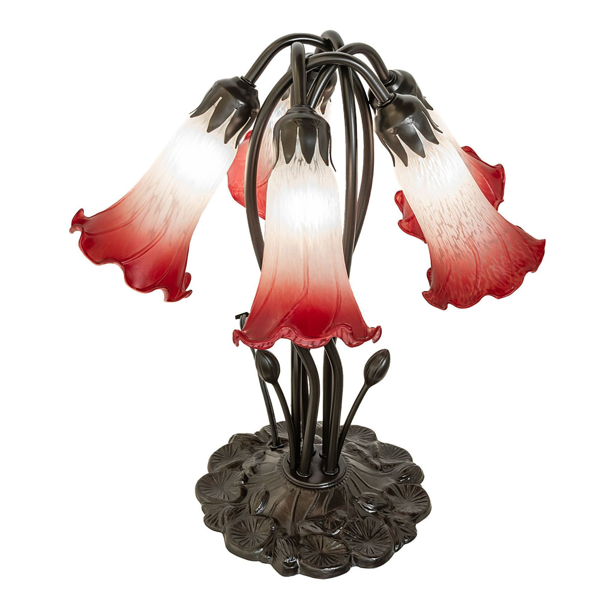 Artistic display of Pink and white glass shades on the pond lily lamp.