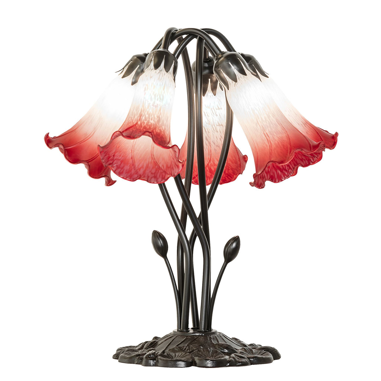 Pink and white tiffany pond lily lamp with five glowing lights.