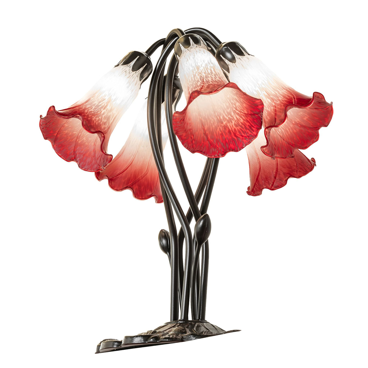 Overhead view of Pink and white pond lily table lamp with intricate base.