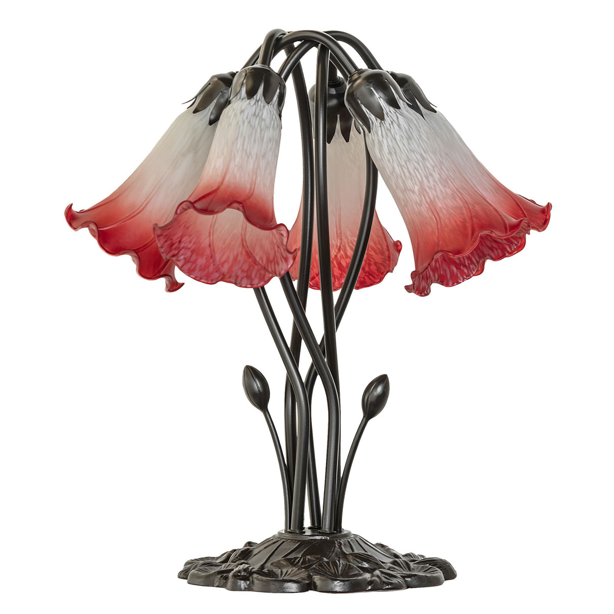 Side view of Pink and white pond lily lamp showcasing curved stems.