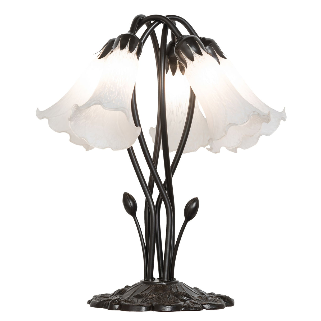 White Tiffany Pond Lily 5 Light Table Lamp with four white tulip glass shades and a bronze floral base.