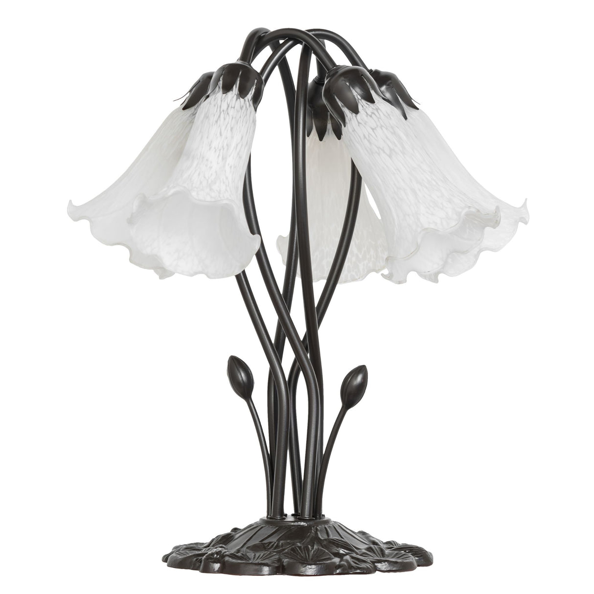 A 16" high white lamp featuring white pond lily flowers, elegantly designed for table use.