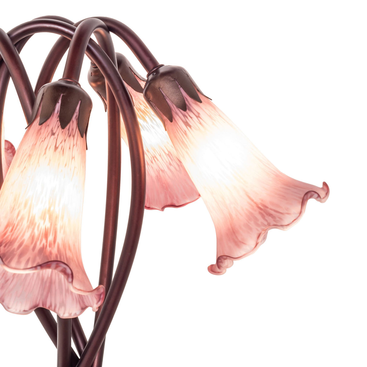 Close-up of the lavender glass flower shades of the Tiffany lamp.