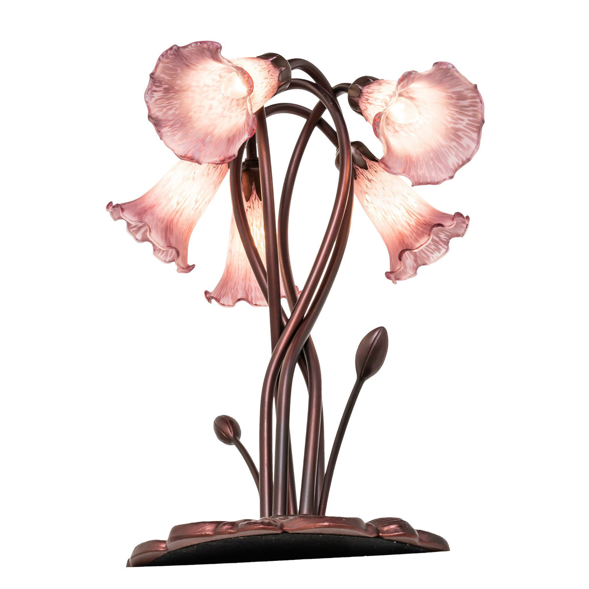 Front perspective of lavender Tiffany pond lily lamp showing vibrant glass shades.
