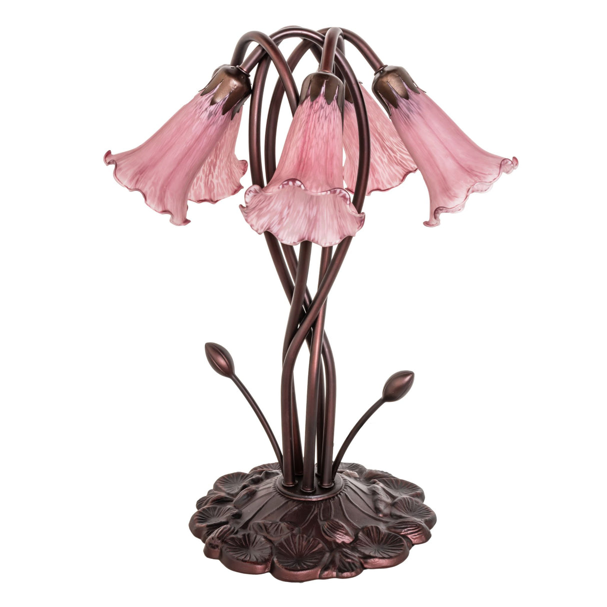 Lavender pond lily lamp with detailed bronze base and unlit shades.