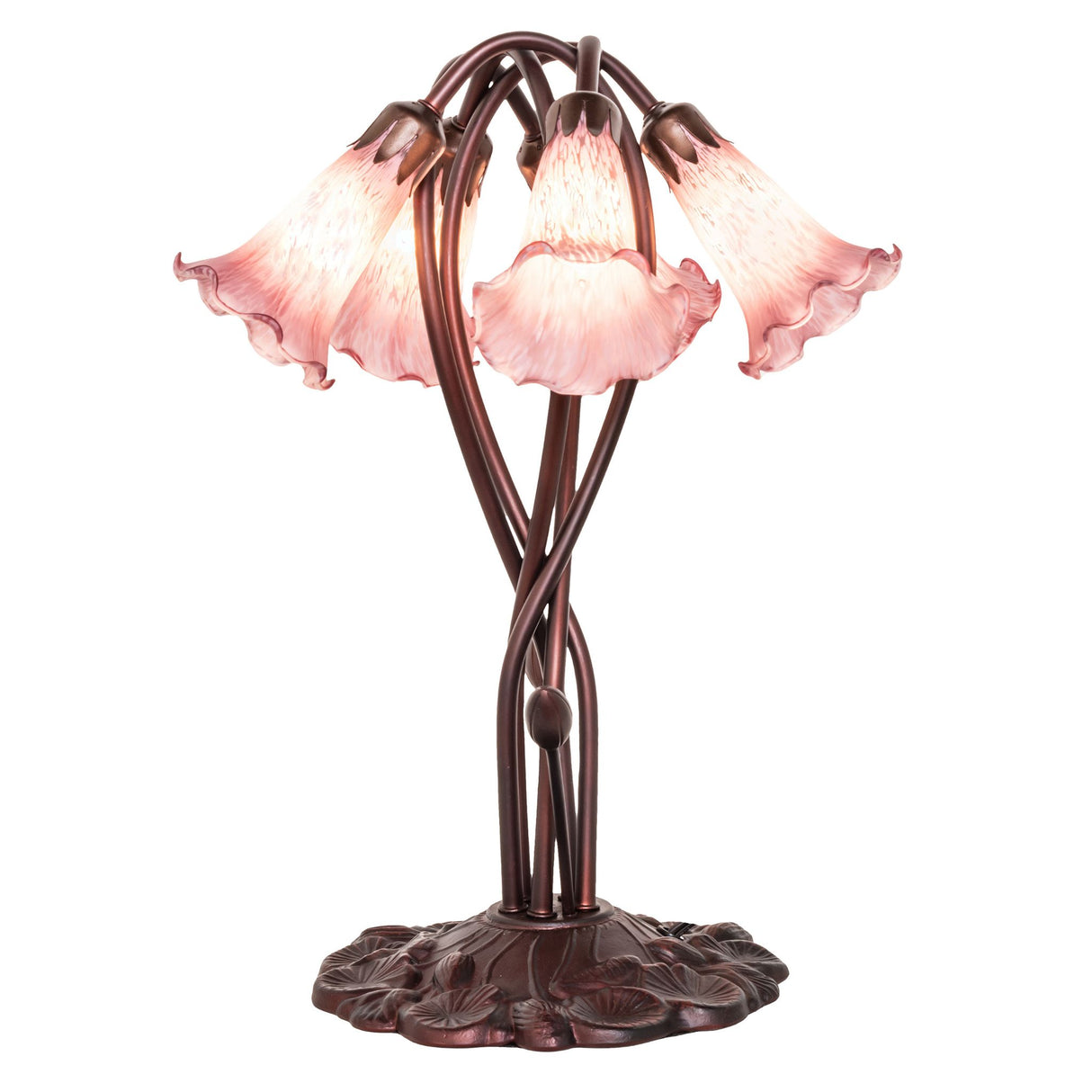 Side view of lavender Tiffany pond lily table lamp.