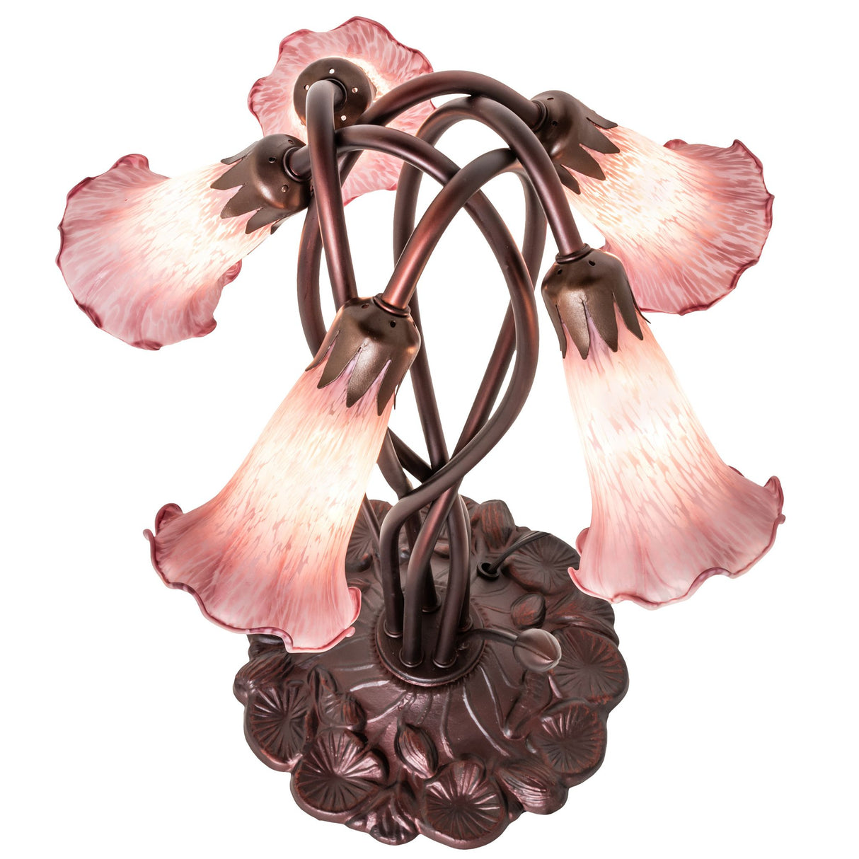 Top-down view of lavender Tiffany pond lily table lamp with lit shades.