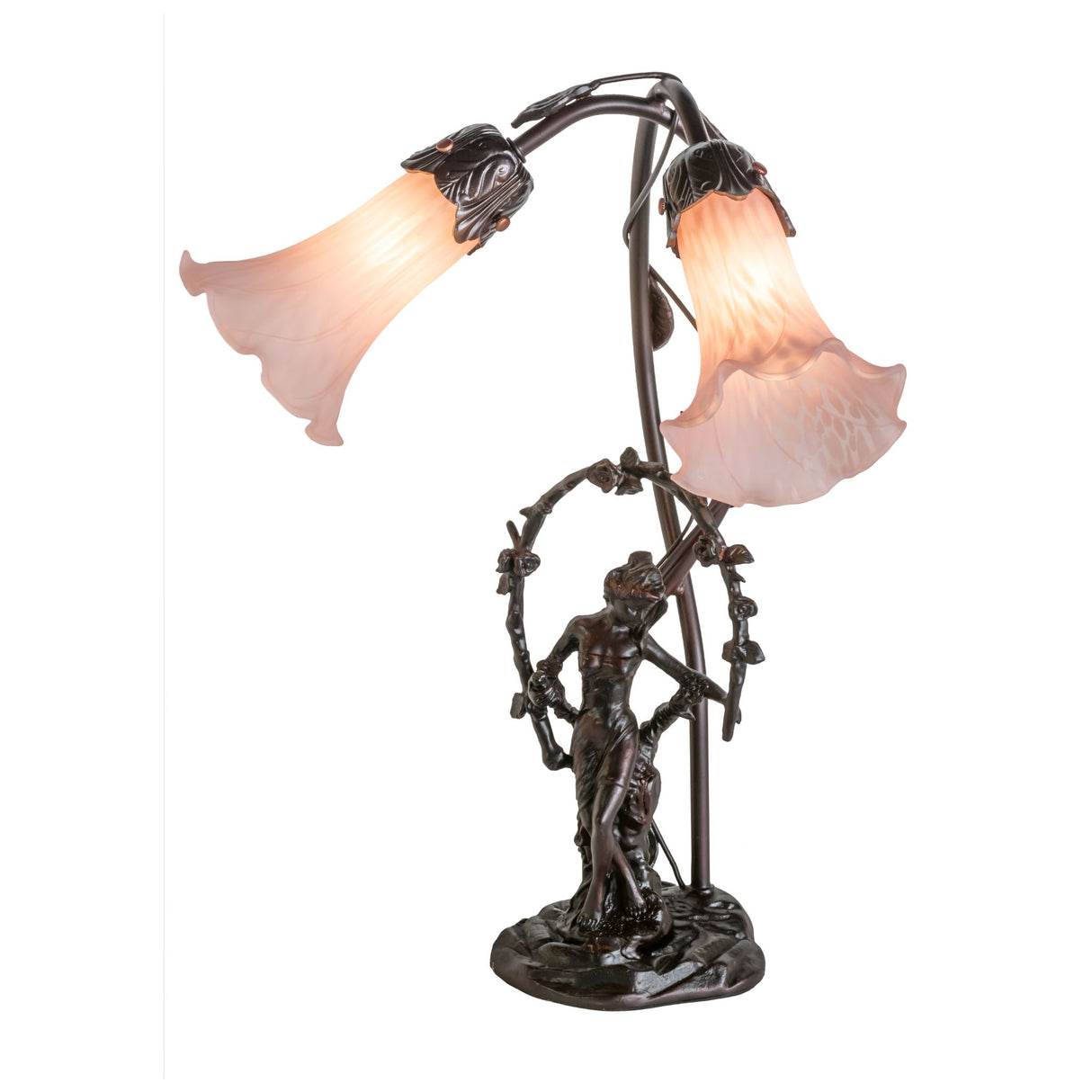A table lamp with two pink lily-shaped glass shades and a bronze base featuring a girl holding a floral wreath.