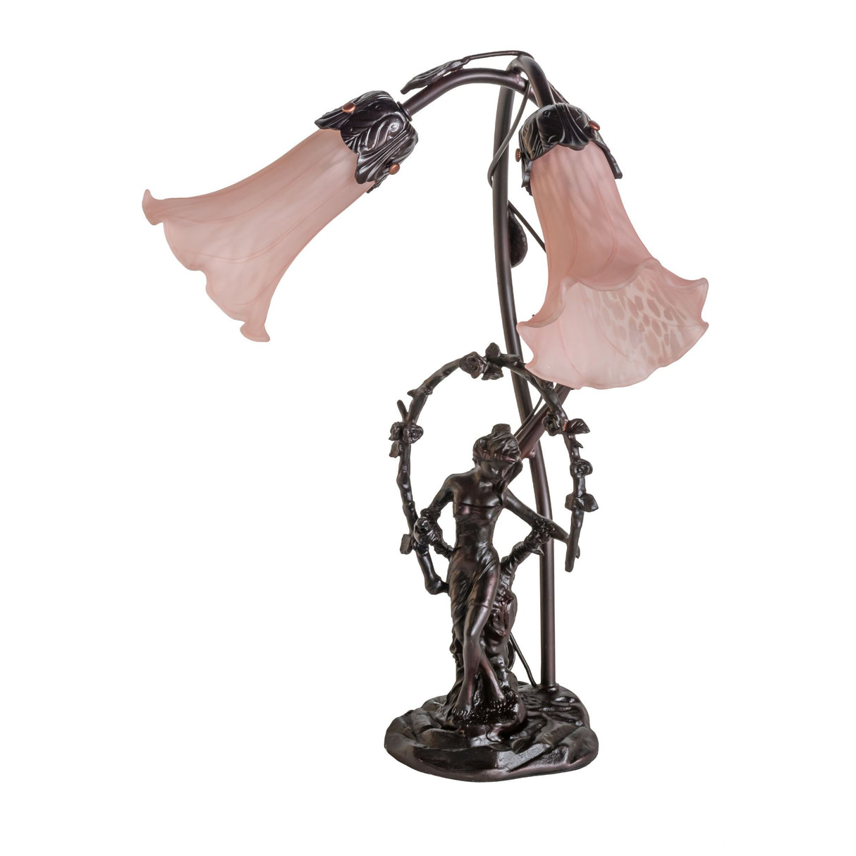 Unlit view of 17" high pink pond lily 2 light trellis girl table lamp