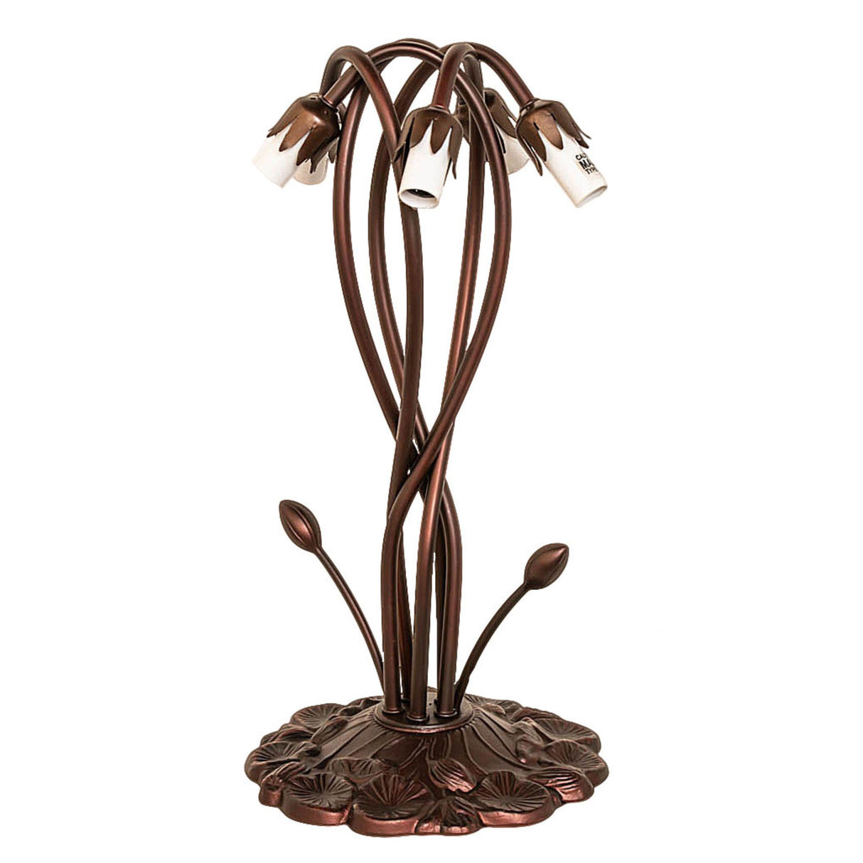 Frame of pink Tiffany lamp without shades, showcasing bronze craftsmanship.