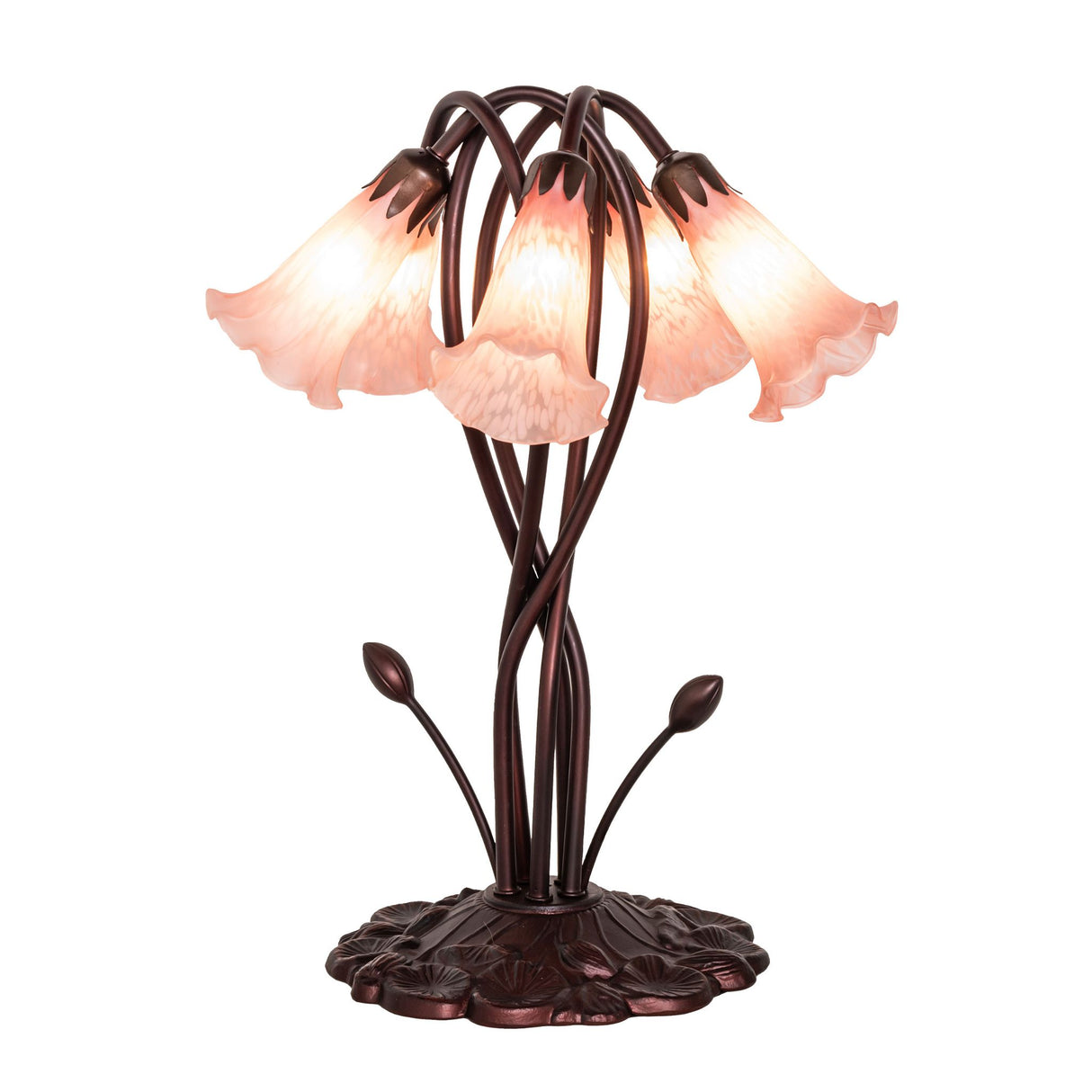 Front view of pink iridescent Tiffany pond lily lamp.