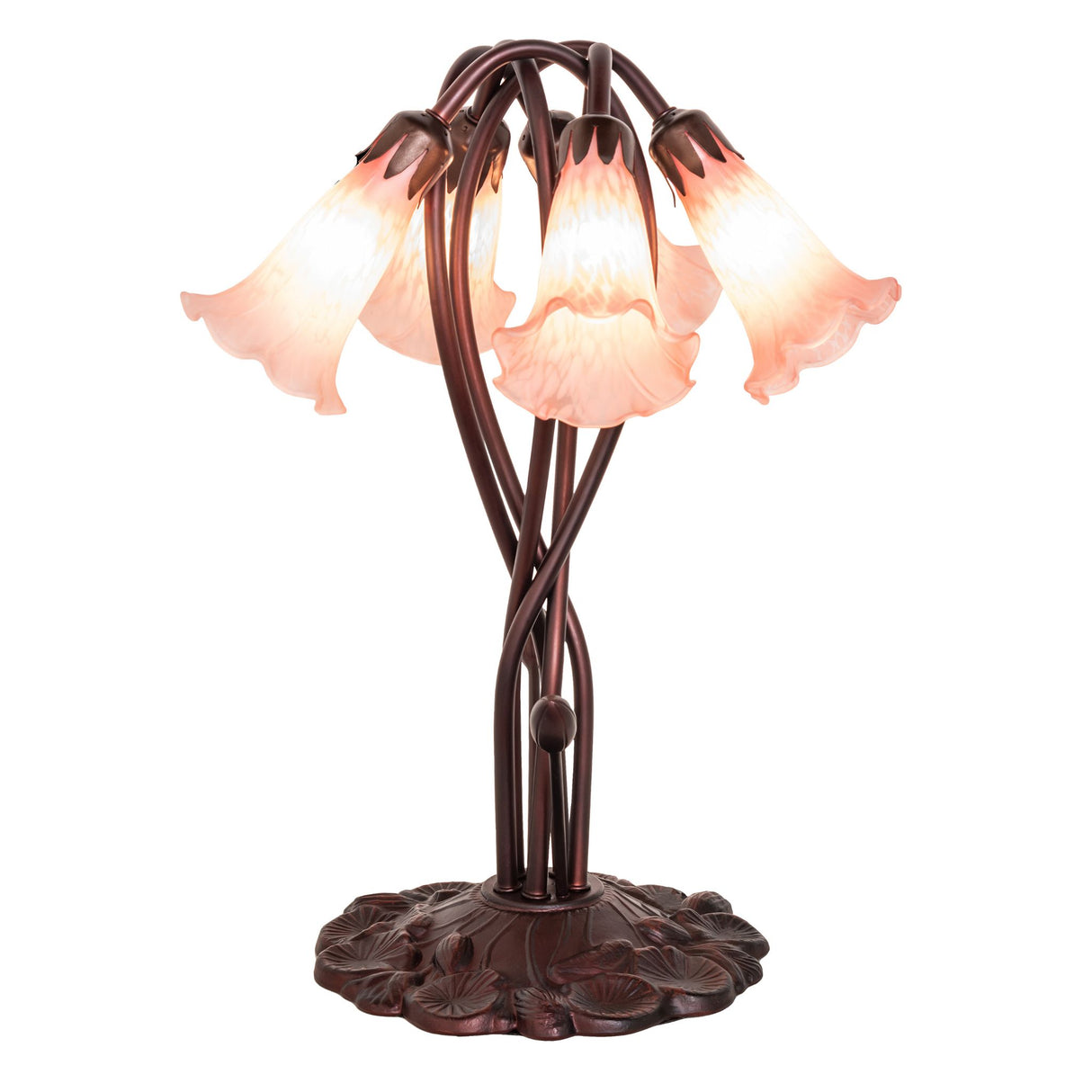 Side view of pink Tiffany pond lily lamp.