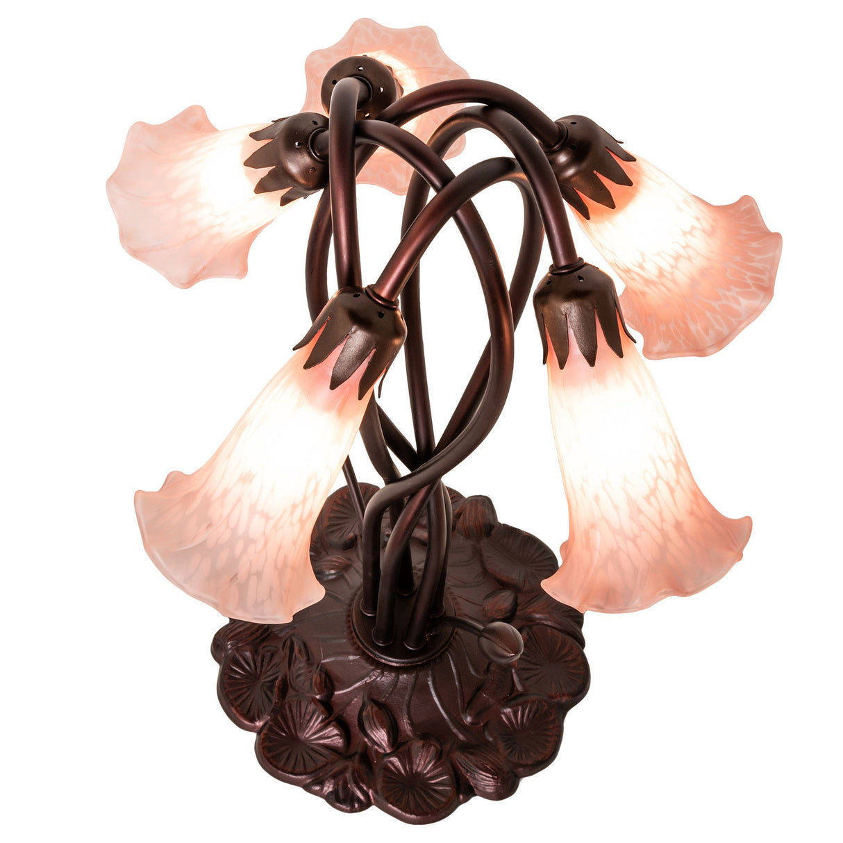 Top-down view of pink Tiffany lamp highlighting intricate glass shades.