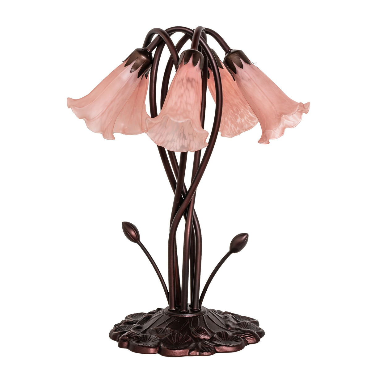 Unlit 17" Pink Tiffany pond lily lamp showing detailed bronze base.