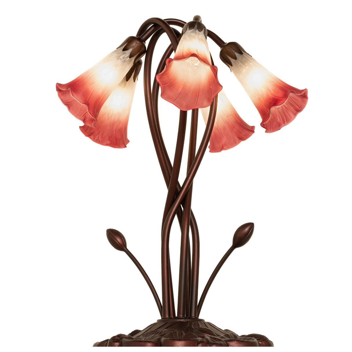 Pink and white Tiffany Pond Lily 5 LT Accent Lamp 17" High - Angled View.