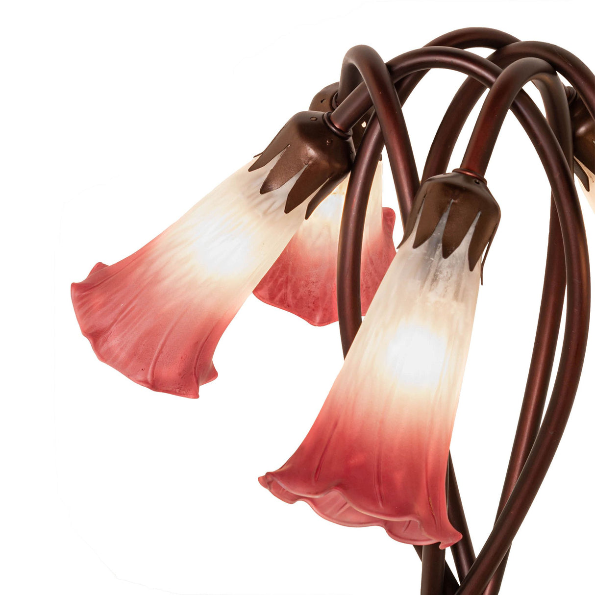 Close-up of glowing pink and white glass shades on the Tiffany pond lily lamp.