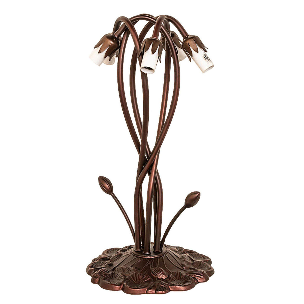 Frame of pink and white Tiffany lamp without shades, showcasing bronze craftsmanship.