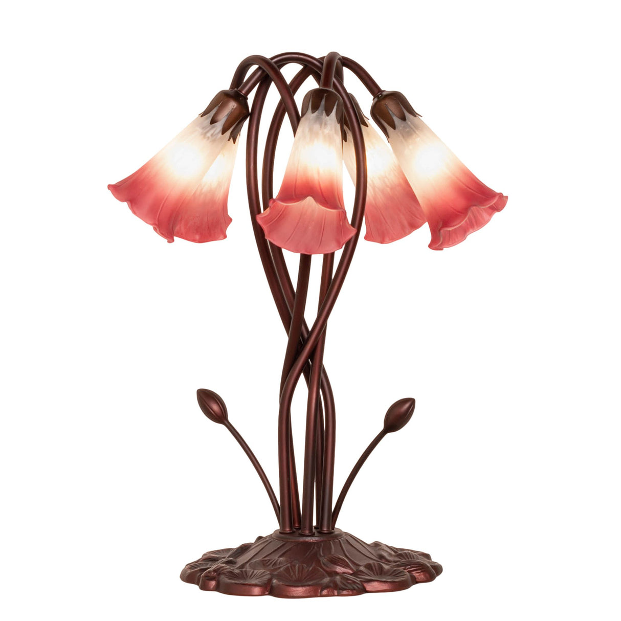 Front view of 17" pink and white Tiffany pond lily lamp with glowing glass shades.