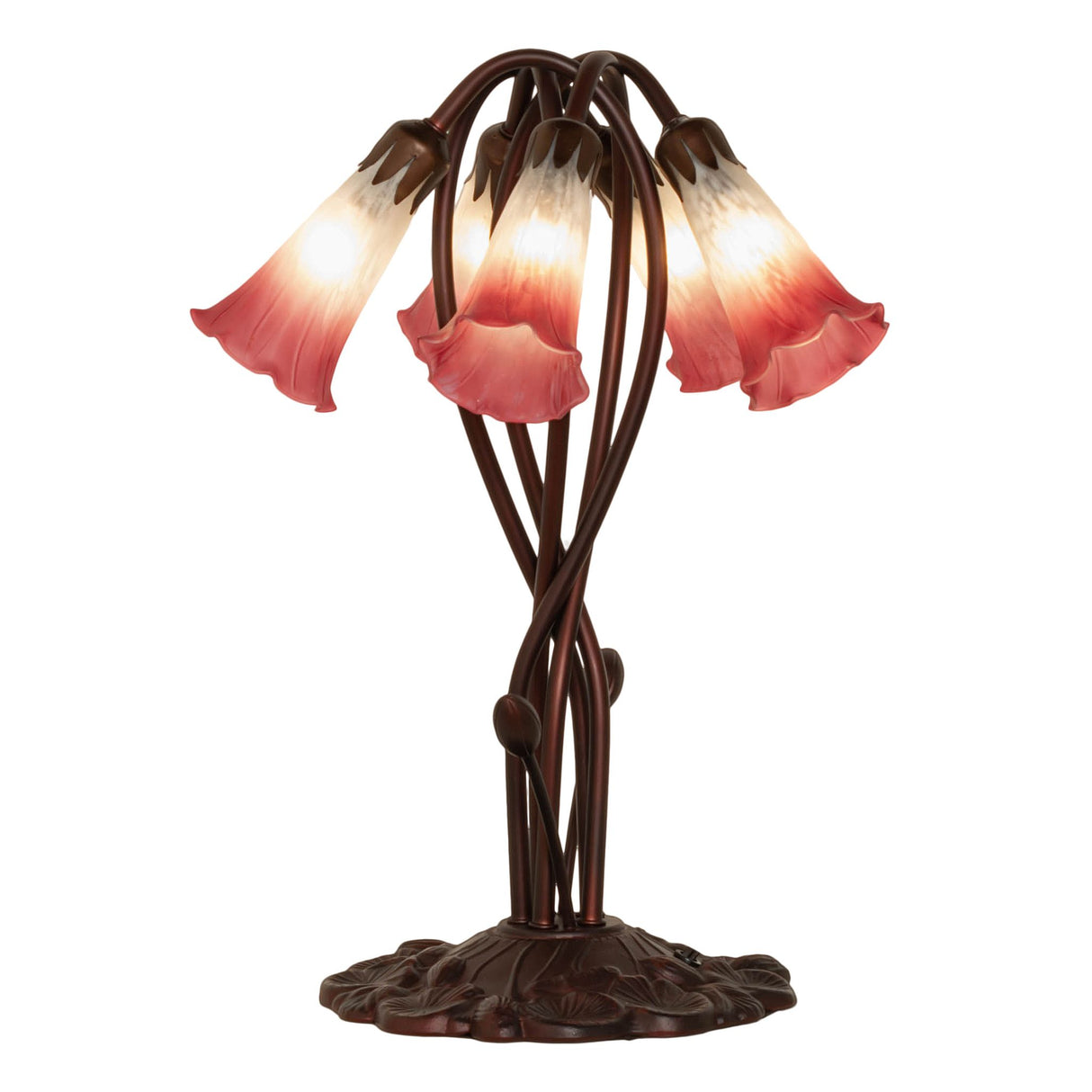 Side angle of pink and white Tiffany pond lily lamp with glowing glass shades.