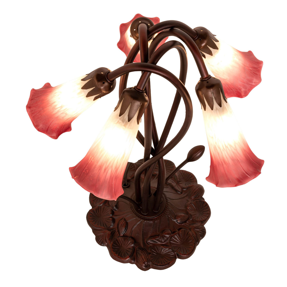 Top-down view of pink and white Tiffany lamp highlighting intricate glass shades.