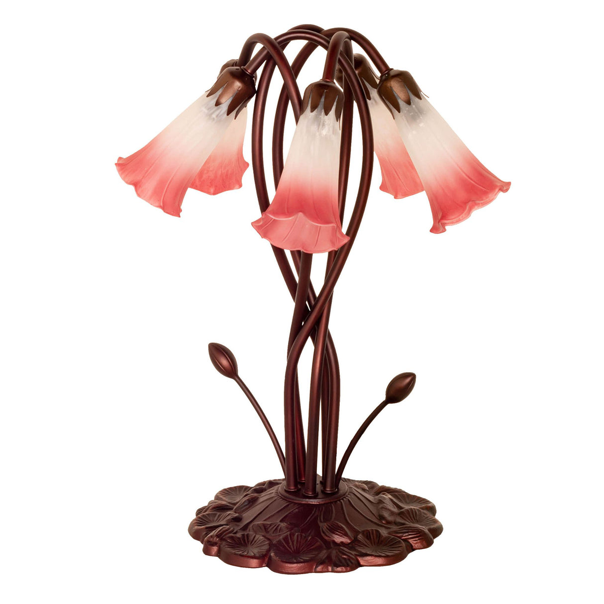 Unlit 17" pink and white Tiffany pond lily lamp showing detailed bronze base.