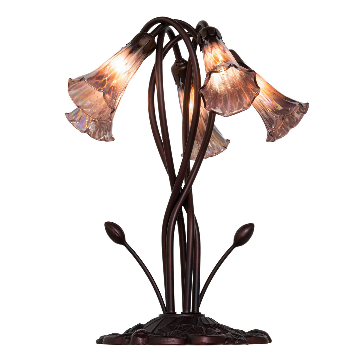 Angle view showcasing the purple Tiffany lamp's design.