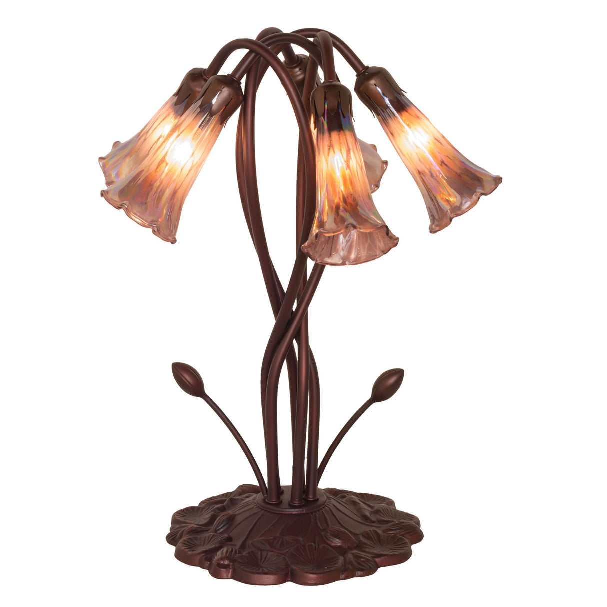 Front view of purple iridescent Tiffany pond lily lamp.
