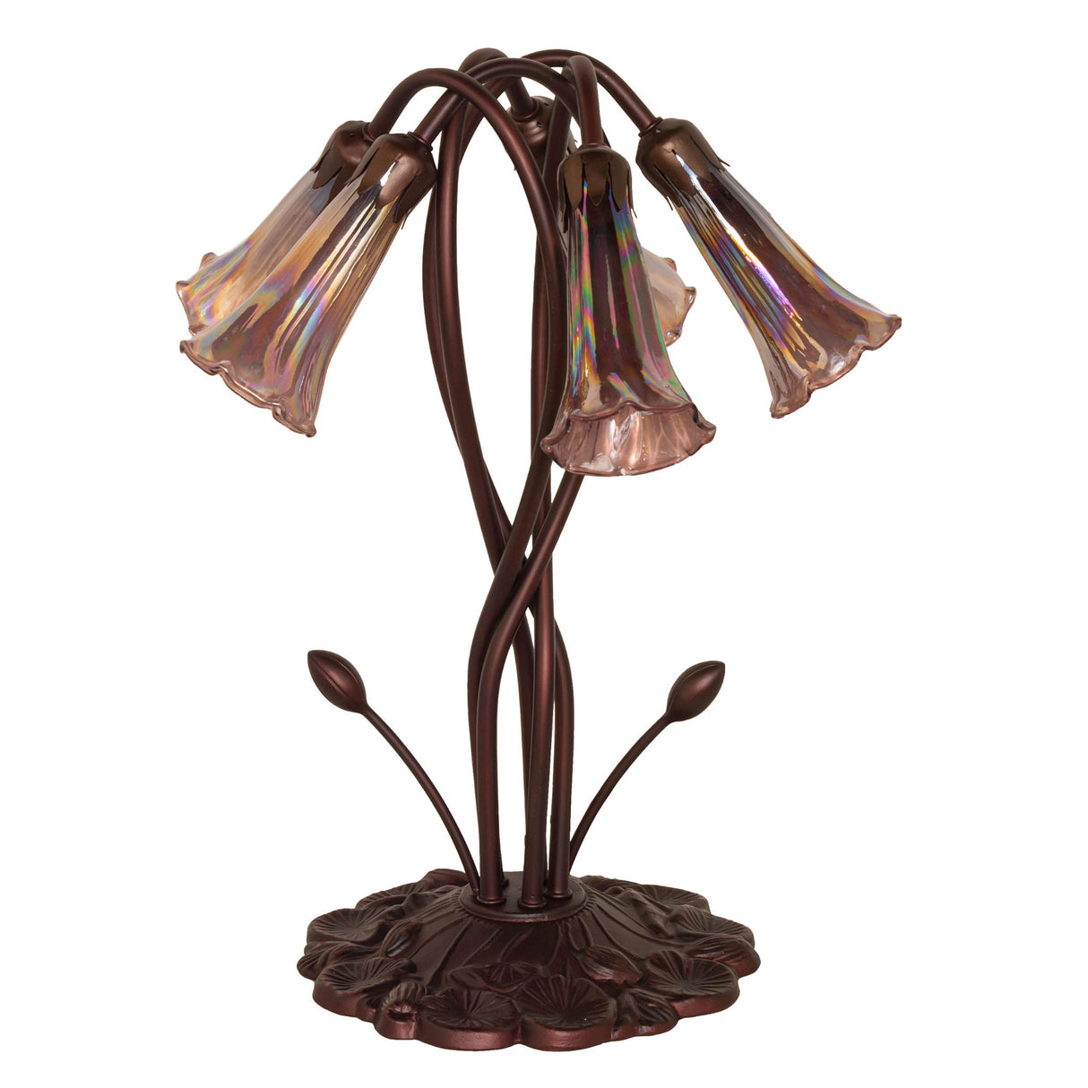 Side view of purple Tiffany pond lily lamp.