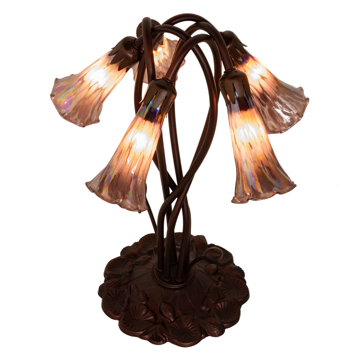 Top-down view of purple iridescent Tiffany lamp.