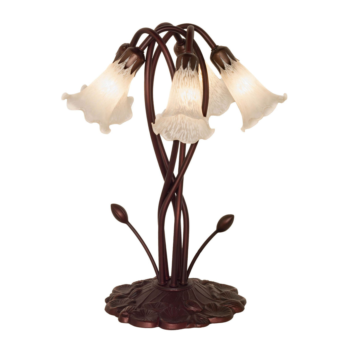 Front view of 17" white Tiffany pond lily lamp with glowing glass shades.
