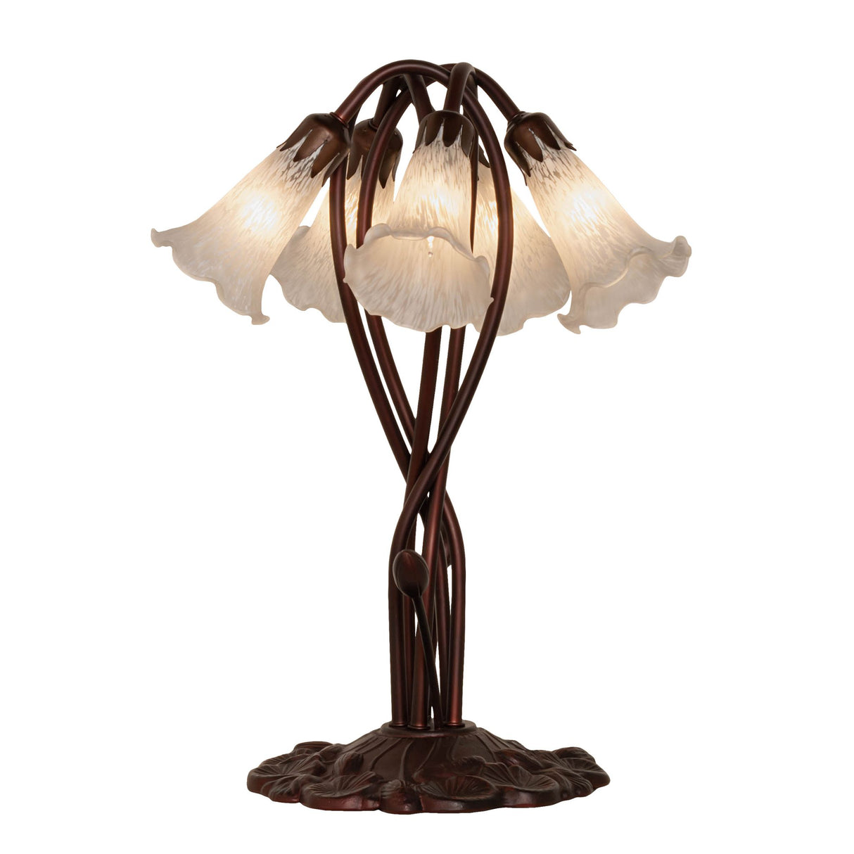 Side angle of white Tiffany pond lily lamp with glowing glass shades.