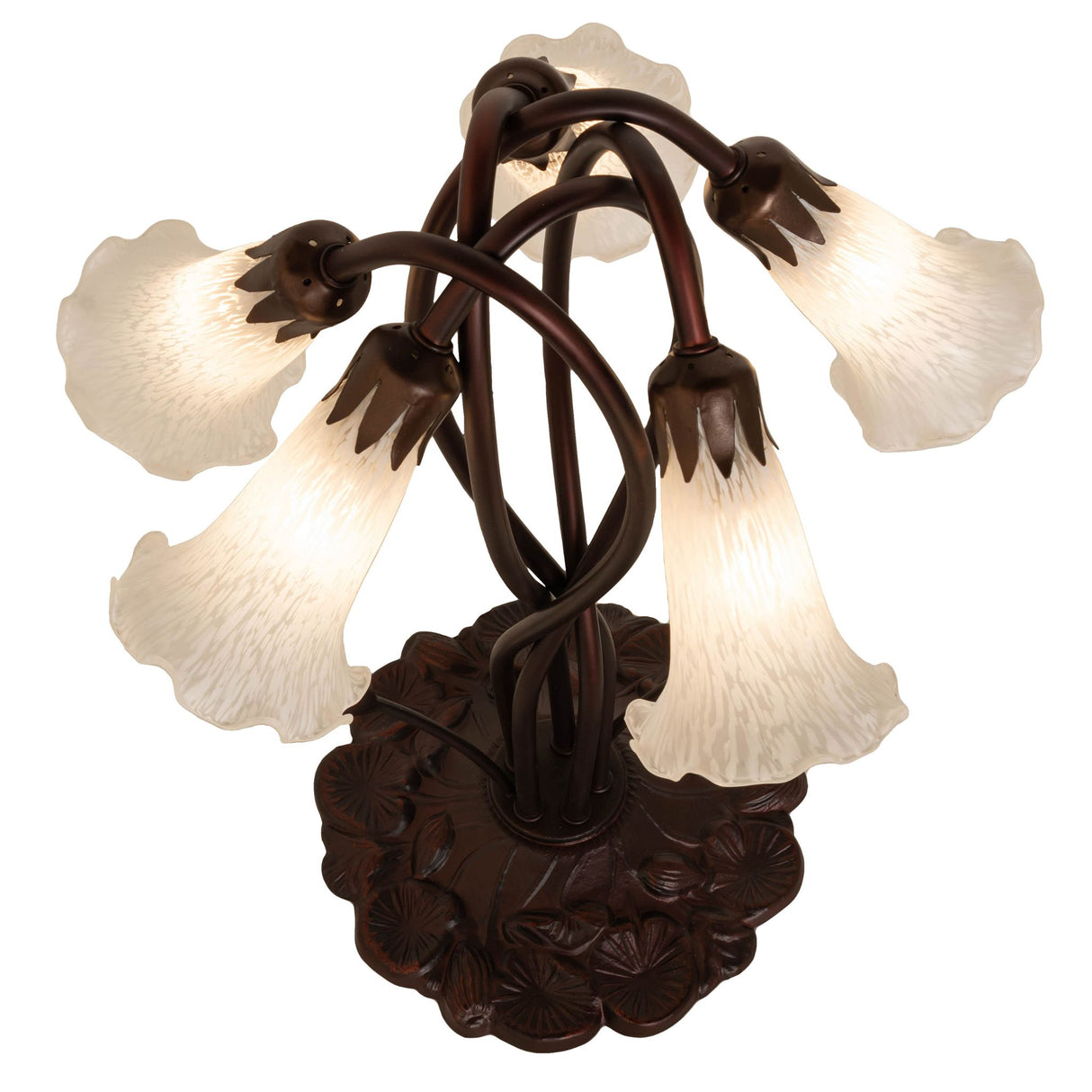 Top-down view of white Tiffany lamp highlighting intricate glass shades.