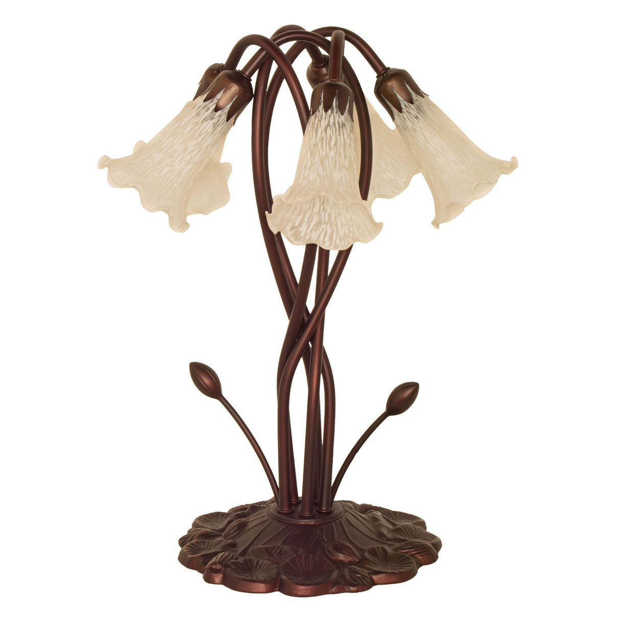 Unlit 17" white Tiffany pond lily lamp showing detailed bronze base.