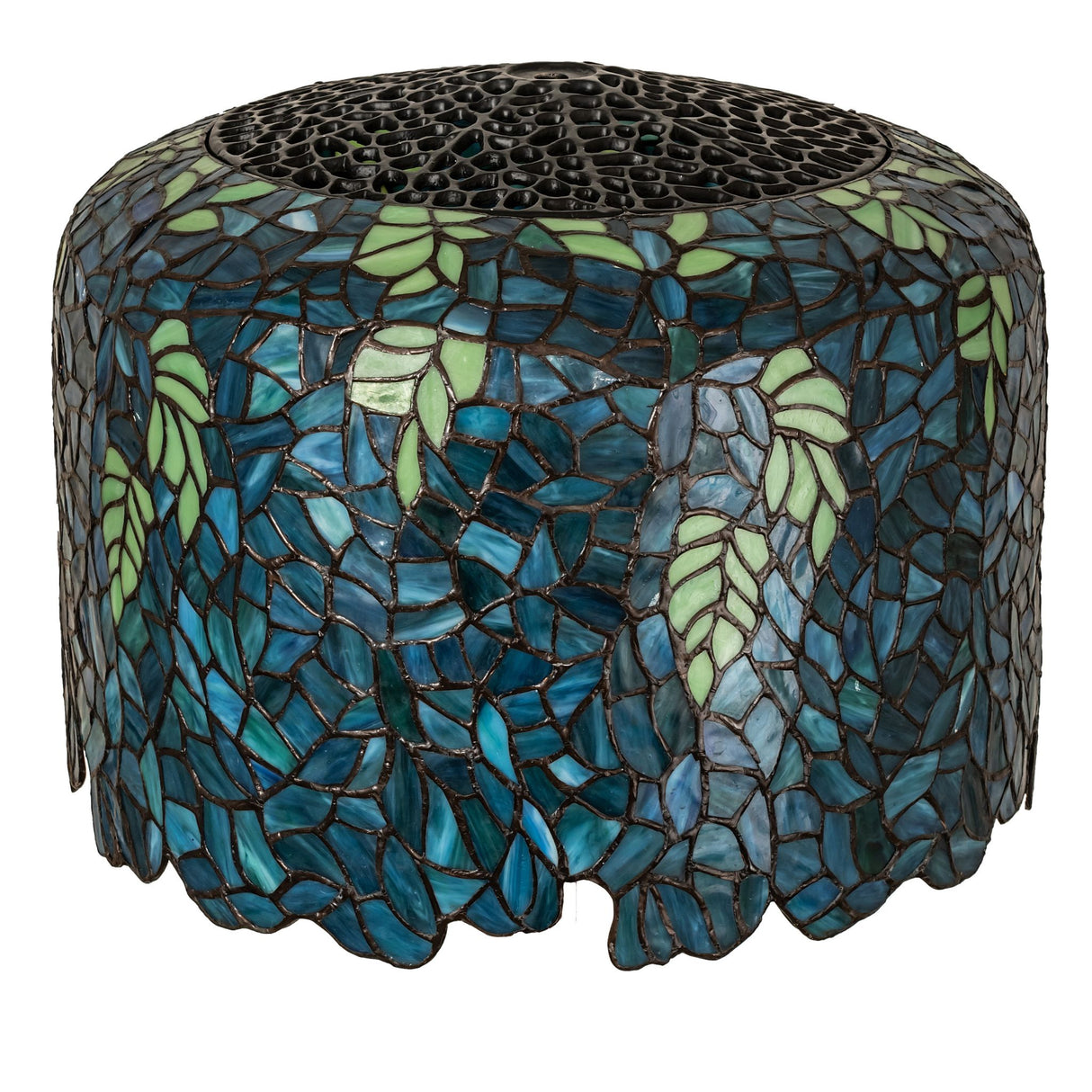 Full view of the Tiffany Wisteria Shade’s vibrant blue and green floral design.