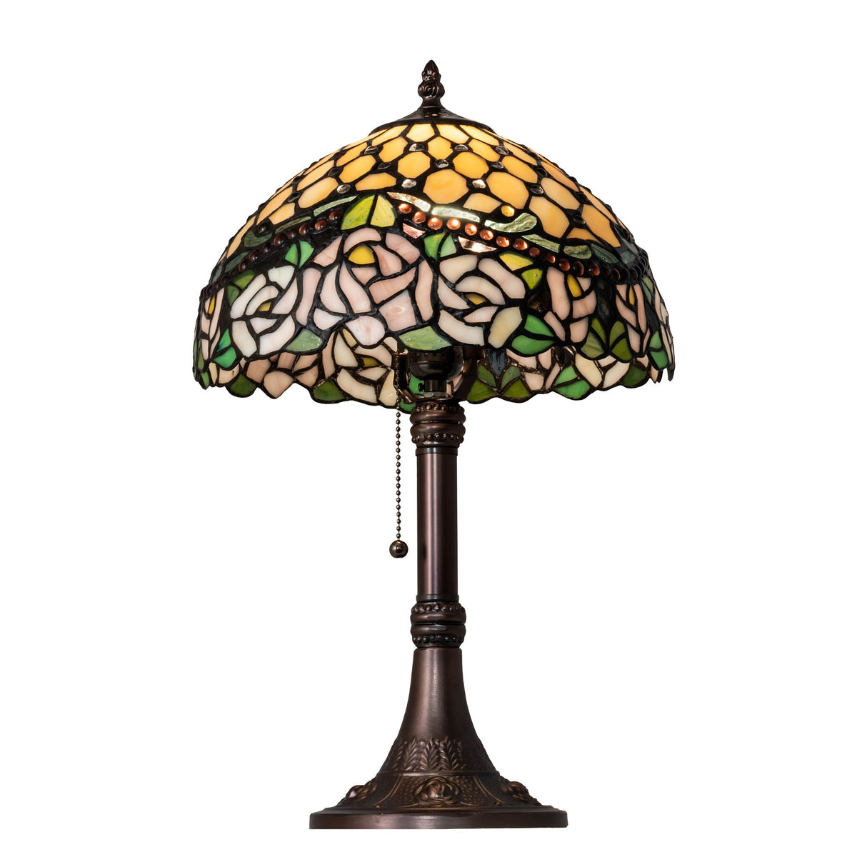 Angled view showcasing the ornate detailing on the table lamp shade.