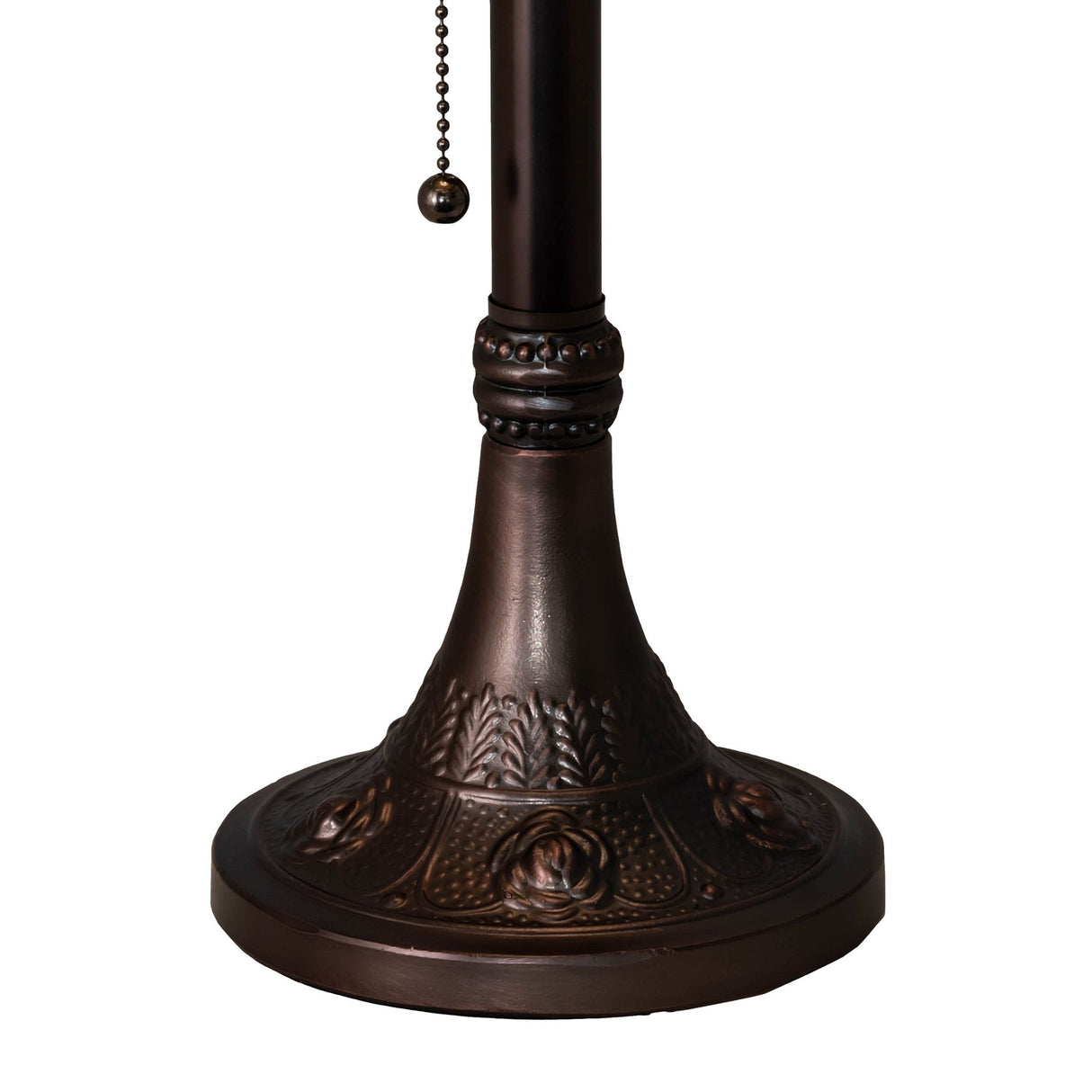 Close-up of the lamp base showing the bronze finish and floral patterns.