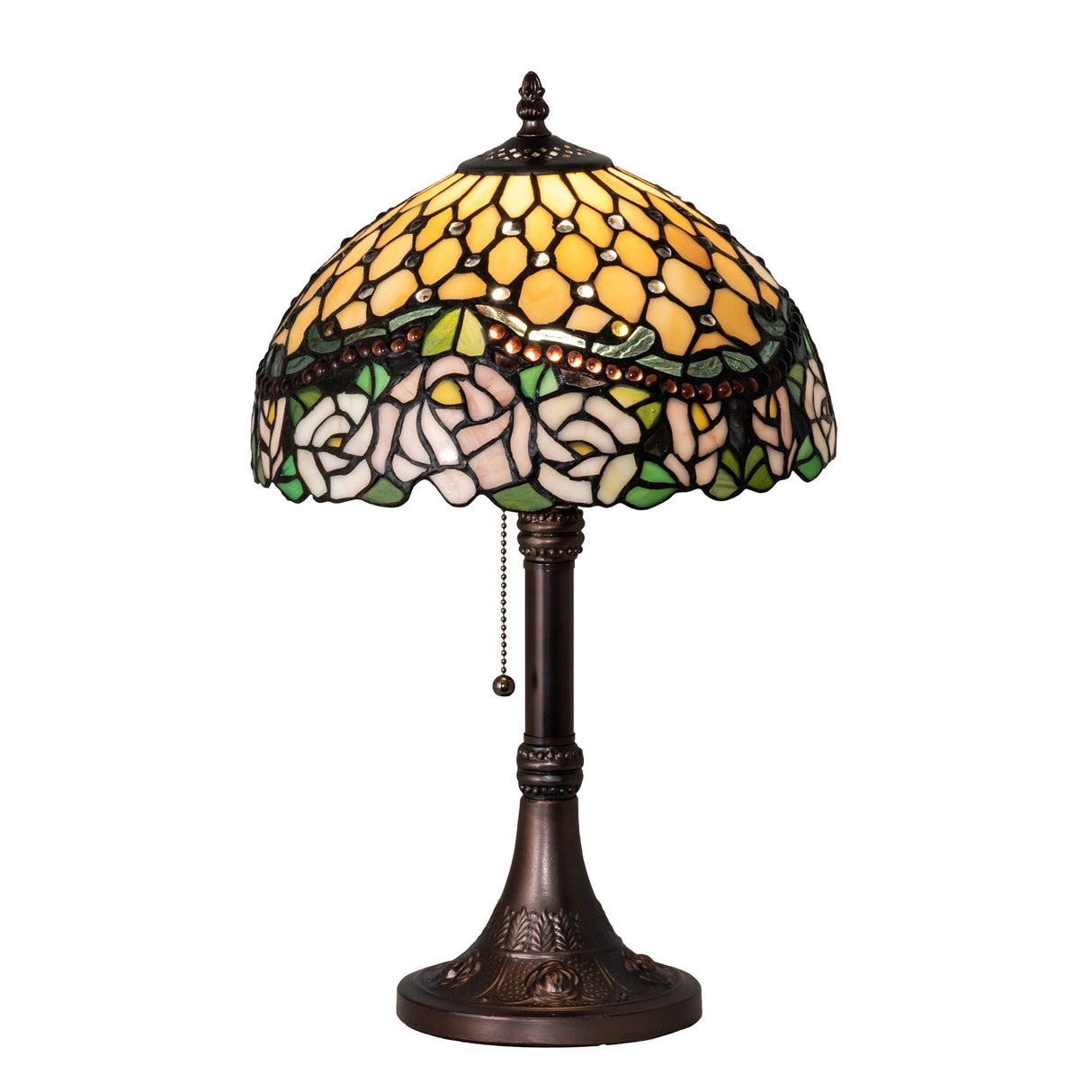 Front view of jeweled rose table lamp with detailed stained glass.