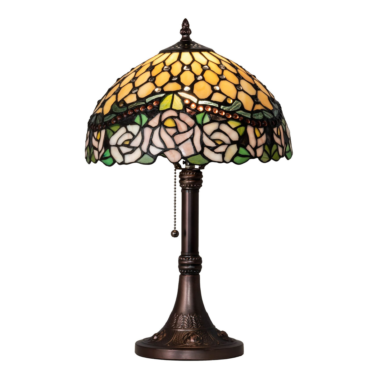 Alternate side view of the stained glass design on table lamp.