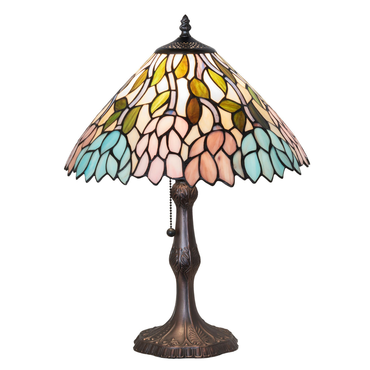 Front view of 19" High Wisteria Table Lamp showcasing vibrant stained glass design.